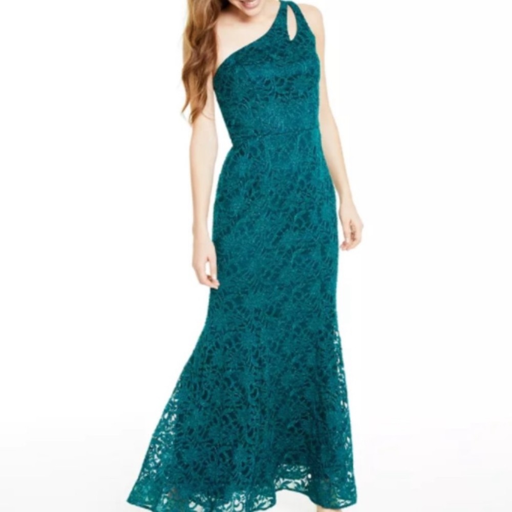 BCX Green One Shoulder Glitter Lace Overlay Gown Mermaid Dress Junior sz15